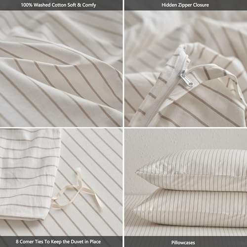 Image of MooMee Striped Duvet Cover Set 100% Washed Cotton Linen Like Textured Breathable Durable Soft Comfy (White Tannish Linen Grey Wide Stripes, Palatial King /Oversized King 120 inchx98 inch) | Relaxed Linen-like Texture. Soft, Breathable & Long-lasting Comfort. Lightweight. Hidden Zipper with 8 Interior Corner Ties
