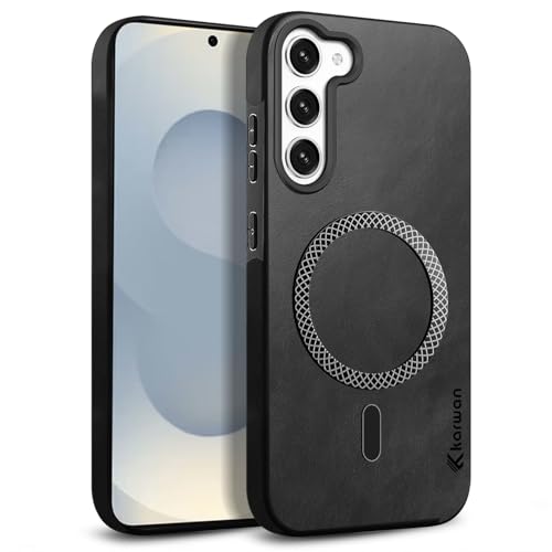 Image of KARWAN Shockproof Hybrid Leather Finish Back Case Cover Compatible with Samsung Galaxy S23 with Wireless MagEaze Charging Cover, Anti-Scratch Shield Case with Strong Minimalist Design (Black)