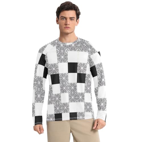 Mens UPF 50+ UV Sun Protection Mens Rash Guard Quick Dry Rash Guard Men Long Sleeve Beach Shirts, Black White Checkerboard, XX-Large