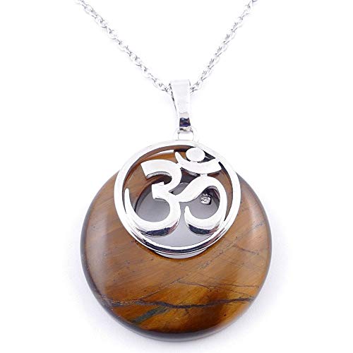 ARITZI - Colgante de Piedra Natural - Ojo DE Tigre con símbolo esotérico en bisutería de Metal - Simbolo de OM - Cadena incluida de Acero Inoxidable (50cm)