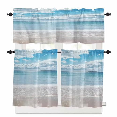 Ocean Beach Kitchen Curtains 36 Inch Length,3 Piece Rod Pocket Small Half Tiers and Valance Set,Natural Blue Sea Waves Sky Cloudy Scenery Small Large Window Treatment Decor for Bedroom/Bathroom Sink