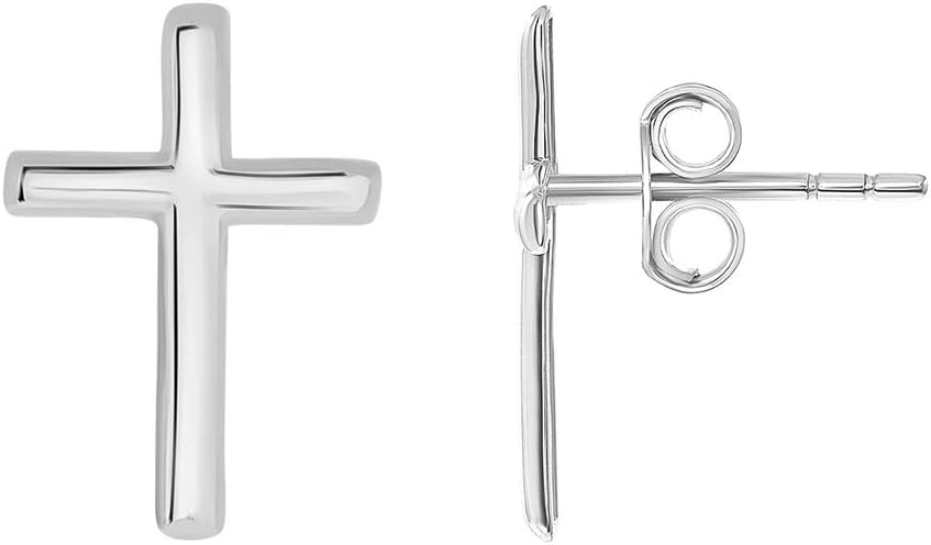 14k White Gold Classic Religious Plain Cross Stud Earrings with Friction Back