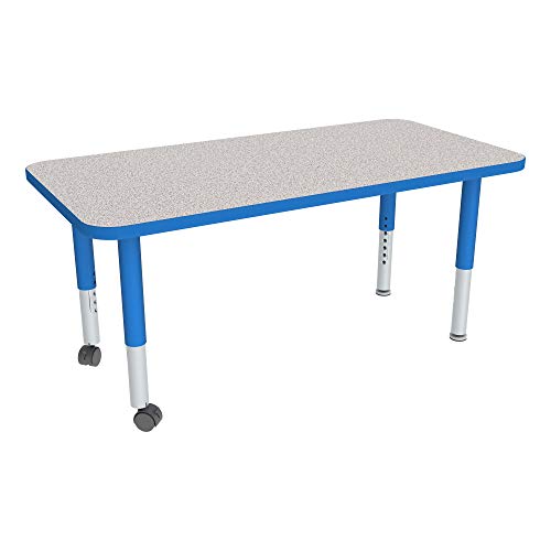Image of Sprogs Adjustable Height Mobile Classroom Activity Table for Preschools, Rectangle Preschool Activity Table with Casters, 24 inchL x 48 inchW x 23 inchH, Gray /Blue