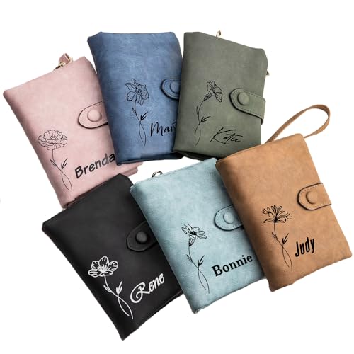 Personalized Birth Flower Wallet for Women, Custom Name Leather Tri-Fold Wallet Card Holder, Birthday Gift for Mom, Girlfriend, Friends