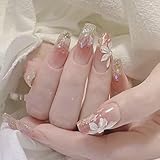 POKENGDA Coffin Acrylic Fake Nails Design,Nail glue included,Long Super Bling Press on Nails,Reusable Bling French Acrylic Daily False Nail Kits for Women