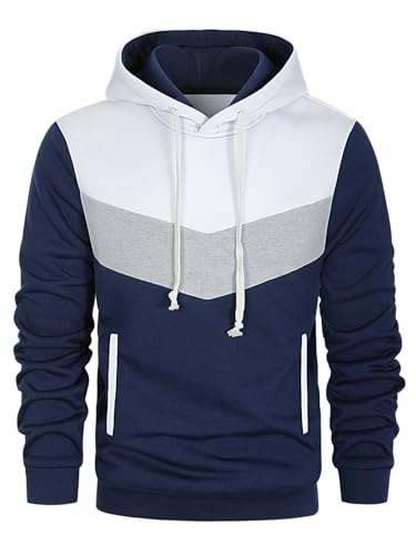 Men's Hooded Long Sleeved Drawstring Hooded Loose Casual Autumn And Winter Color Blocked Sweatshirt With Insert Pocket
