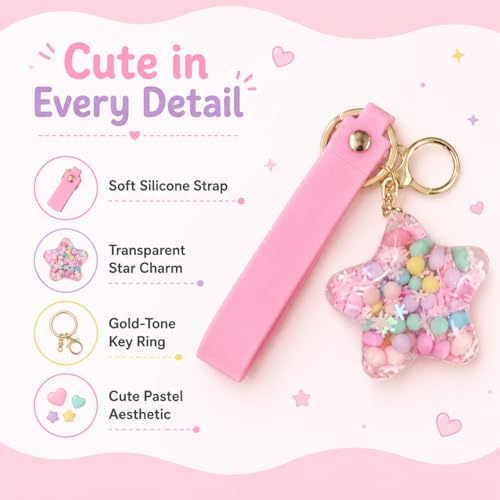Image of Wanna Party Star Shaped Beads Keychain with Pink Wrist Strap, Cute Bag Charm Key Ring for Girls, Backpack Accessories, Birthday Return Gifts, Party Favors, School Bag Decoration - 1PC