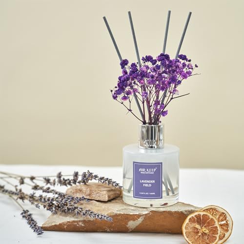 Image of Airkeep Reed Diffuser Set,3.38 fl oz (100 ml) - Lavender Field Oil Diffusers with 8 Reed Sticks, Home Fragrance Reed Diffuser for Bathroom Shelf Decor