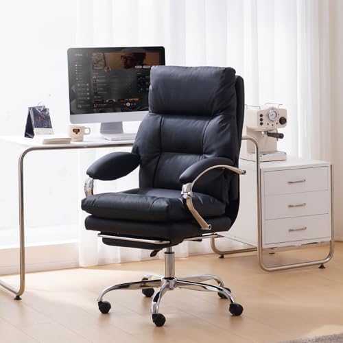Image of LEAGOO Office Chair with Foot Rest, Swivel Computer Desk Chair PU Leather Reclining Chair, Ergonomic Lumbar Support Designed for Longer Sitting Sessions for Home /Office Workers - Black