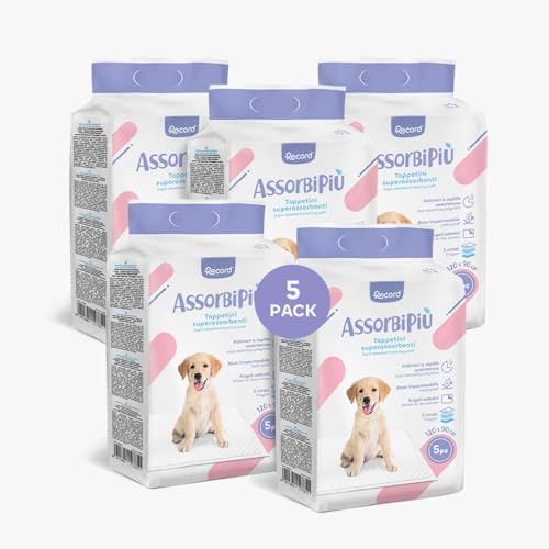 Record Assorbipiù Tappetini per Cani Usa e Getta Ultra Assorbenti con Polimeri a Rapida Assorbenza, Base Impermeabile. Traverse per cani con Angoli Adesivi| 5 Pack da 5 pz, Misure 120 x 90 cm