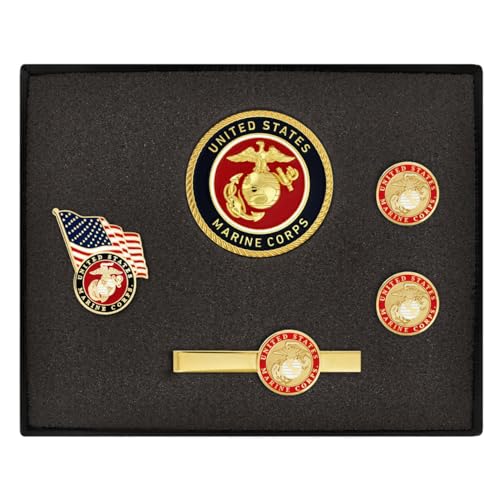 PinMart's Officially Licensed United States Marine Corps Suit Accessories Men's Gift Set Including Tie Clip, Lapel Pin, Challenge Coin and Cufflinks within a Presentation Box