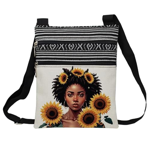 African American Messenger Bag Small Ethnic Pattern Printed Adjustable Strap Crossbody Zipper Pouch Sunflower Black Woman Phone Organizer Wallet Cute Shoulder Handbag for Black Women