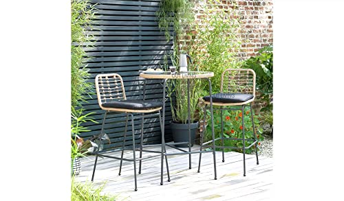 Image of OUTLIVING Rattan Wicker Outdoor Bar Patio Round Table with 2 Cushion Chairs Set for Home Graden Balcony 2 Seater Bar Patio Furniture (Black)