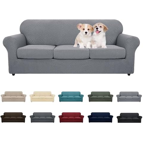 MAXIJIN 4 Piece Couch Covers for 3 Cushion Couch Super Stretch Non Slip Couch Cover for Dogs Pet Friendly Elastic Jacquard Furniture Protector Sofa Slipcovers (Sofa, Light Gray) Cover