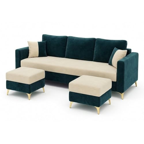 Image of Classiq Rich 5 Seater L Shape Sofa Set with 2 Movable Ottomans | Flexible Layout | Rich Velvet Suede Fabric | Silver Legs | Dual Tone Modern Sofa for Living Room (Greenish Teal-Cream)