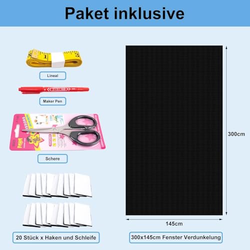Fenster Verdunkelung - 300x145cm, MUTOUHE verdunklungsfolie für Fenster Verdunklungsrollo ohne Bohren, 100% Verdunklungsstoff Dachfenster Sonnenschutz Innen Rollo für Urlaub
