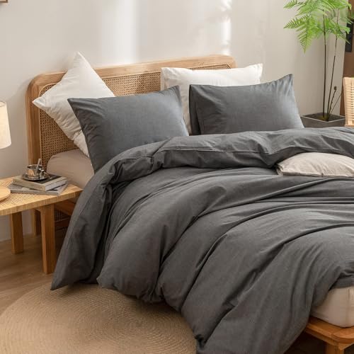 Image of BESTOUCH Cotton Solid Duvet Cover Set Linen Feel Dark Grey Alaska King | 100% Washed Cotton, Soft Wrinkle Texture, Hidden Zipper, 8 Ties, Breathable Lightweight Durable Comfy, 3 Pcs No Insert