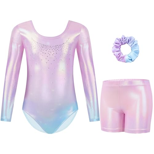 Gogokids Gymnastics Leotards for Girls Long Sleeve Sparkly Rhinestone Dance Unitards Biketards with Shorts C-pink 5-6 Years