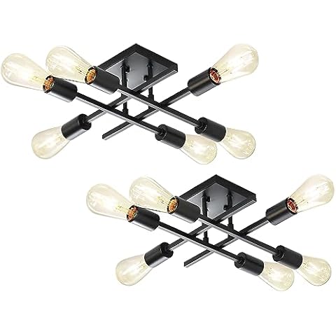 Eietonte 6-Light Semi Flush Mount Ceiling Light Fixture, Industrial Black Close to Ceiling Lighting, Modern E26 Base Sputnik Chandelier Ceiling Lamp for Kitchen Bedroom Living Room Hallway, 2 Pack Cover