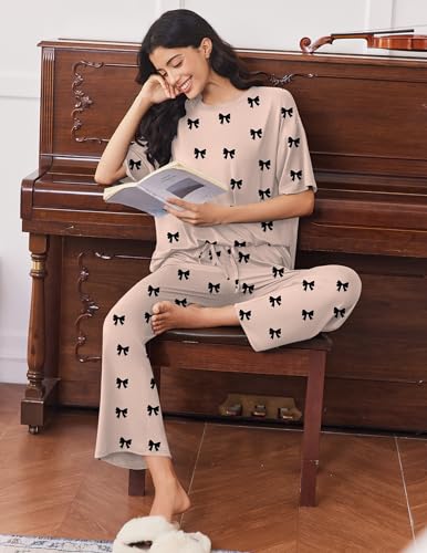 Image of Ekouaer Lounge Sets for Women Short Sleeve Tops and Long Pants Soft Comfy Pajamas Set 2 Piece Outfits
