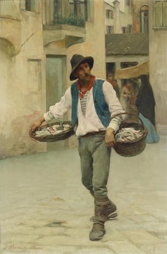 Cuadro Vendedor de Pescado Veneciano de Giuseppe Barison en Lienzo de 60x90 cm