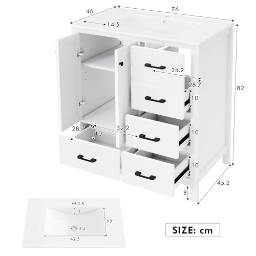 Mueble de baño independiente blanco de 76 cm con lavabo integrado 3
