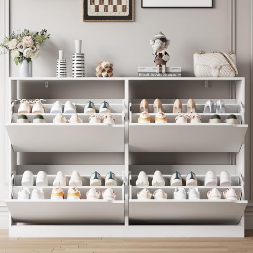 Image of Xixini Shoe Storage Cabinet for Entryway with 4 Flip Drawers, Sturdy Wood Hidden Shoe Storage, Freestanding Narrow Slim Shoe Organizer for Front Door Entrance, Living Room, Hallway, Bedroom, White