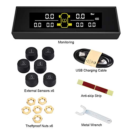 HONGNAL Tire Pressure Monitoring System for RV Trailer, Solar/USB Charging TPMS Wireless Monitor with 6 Tire Pressure Sensors, Real-time Display Tire Pressure and Temperature and 6 Alarm Function - Thumbnail 2