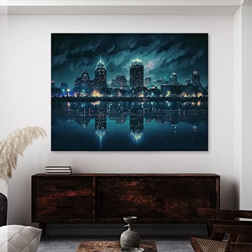 Tableau nocturne de ville turquoise pour une décoration moderne de salon