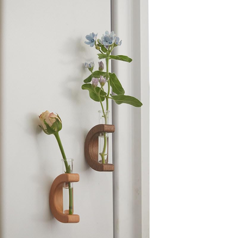 Refrigerator Flower Arranger Magnet Sticker Wooden Holder Flower Mini Pot Hydroponics Plant Fridge Stickers Art Vase for Home Office Decor (1*Light+1*Dark)