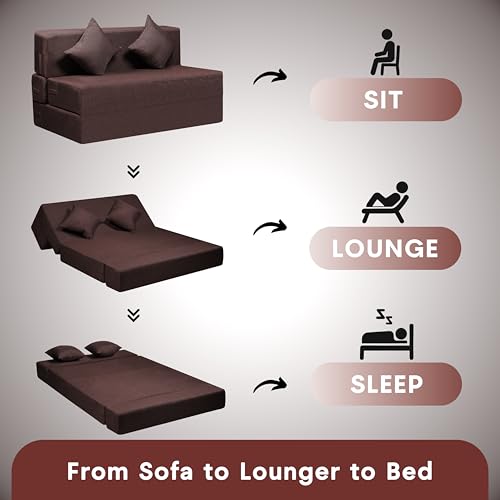 Image of Amazon Brand - Solimo 2 Seater 4 * 6 Jute Fabric Washable Cover Sofa Cum Bed with 2 Cushion 2 Seater Double Foam Fold Out Sofa Cum Bed (Finish Color - Brown Delivery Condition - Pre-Assembled)
