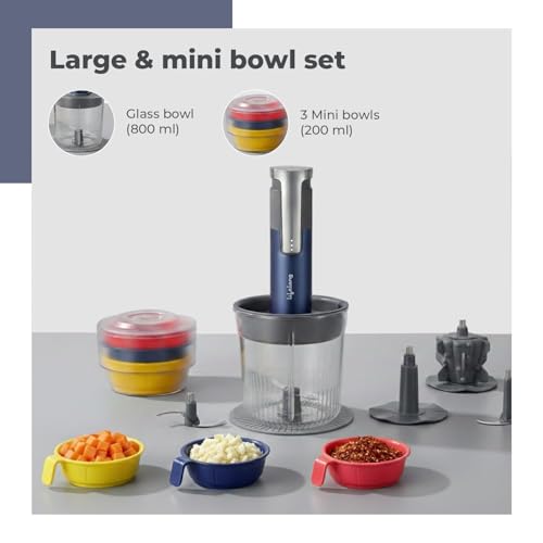 Image of Lifelong Rechargeable 2000mAh Electric Chopper for Kitchen Use| 800ml Glass Bowl | 3x200ml Bowls with Attachments for Vegetable, Onion Chopper, Meat Mincer & Garlic Peeler | Stainless Steel Blades