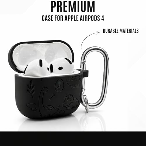 Image of Emoh Roced Case for Airpod 4 with Keychain,Silicone Dinosaur Engraved Cases Compatible with Apple AirPods 4th Generation 2024, Anti-Scratch, Protective Case Cover (Black, for AirPods 4)