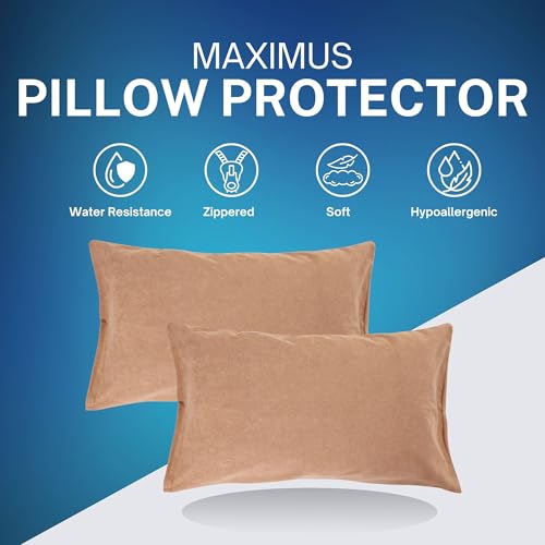 Image of The Maximus Waterproof & Dustproof Terry Cotton Pillow Protector with Zipper Closure || Standard Size Pillow Protector || Pillow Cover Set of 2, Beige (18 inch x28 inch)