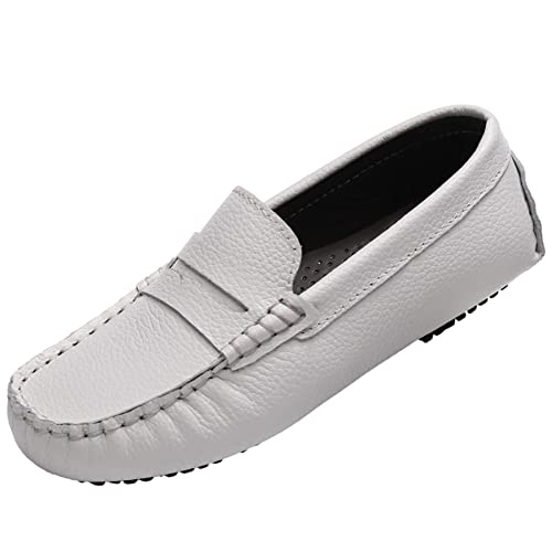 rismart Crianças Couro Casual Mocassins por Menino Menina Slip on Plano Branco,34.5 EU