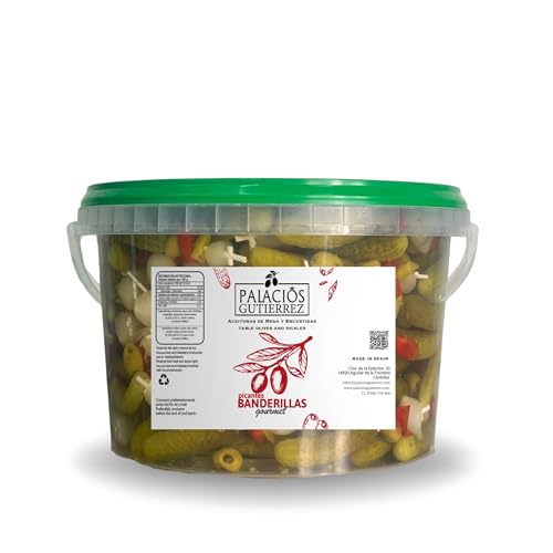 Banderillas Picantes – Cubo 4,5 kg – Aceitunas, Pepinillos y Guindillas Aliñadas con Toque Picante, Formato Profesional para Hostelería