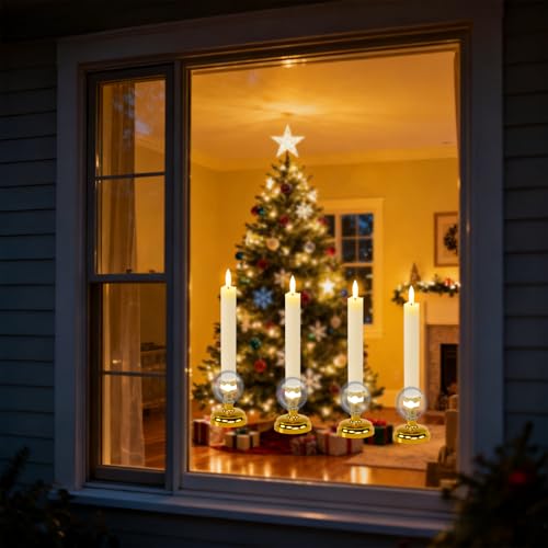 Image of Wondise Flameless Window Candles with Remote Timer, 7 inch Battery Operated 3D Wick Real Wax LED Flickering Taper Candles for Christmas Decoration, Removable Gold Holder and Suction Cups Included 4Pack