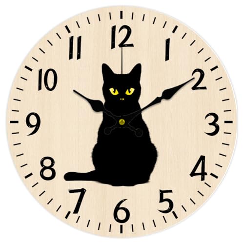 CHGCRAFT Black Cat Wall Clock Halloween Wall Clock Non-Ticking Cl...