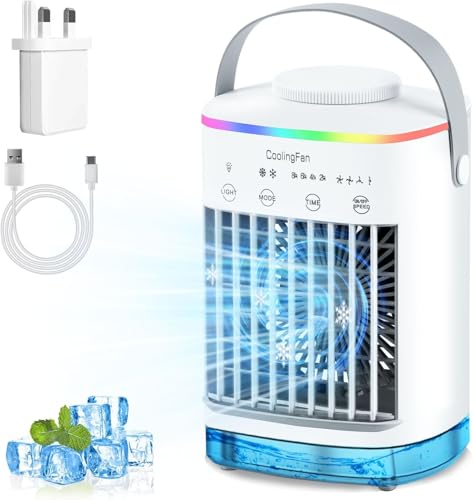 Lista de Mini Clima los 5 más buscados. 42 YYUgolo 700ml Aire Acondicionado Portátil, Ventilador Humidificador, Enfriador de Aire Evaporativo 3 en 1,3 Velocidades 7 Colores luz Nocturna, 2/4H Temporizador,Dormitorio,...