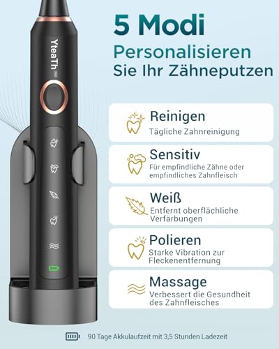 Elektrische Zahnbürste für Erwachsene und Kinder - Schallzahnbürste, Electric Toothbrush mit 8 Bürstenköpfen (3 Typen), 90 Tagen Akkulaufzeit, 5-Modi, 50000VPM, Reiseetui, Timer – Bild 6