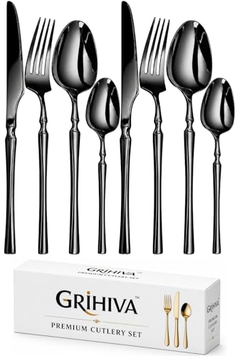 Image of 8 Pcs Black Slim Handle Stainless Steel Cutlery Set for Dining Table with Spoons and Forks Set + Butterknives - The Perfect Tableware /Flatware