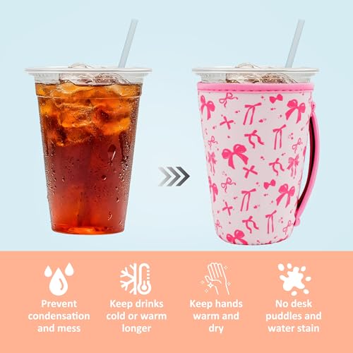 Image of KJQJLY 3 Pack Reusable Iced Coffee Sleeves for Iced Coffee Cups or Drinks Reusable Neoprene Insulated Sleeves for Hot and Cold Drinks from Starbucks, Dunkin, And More (Pink bow)