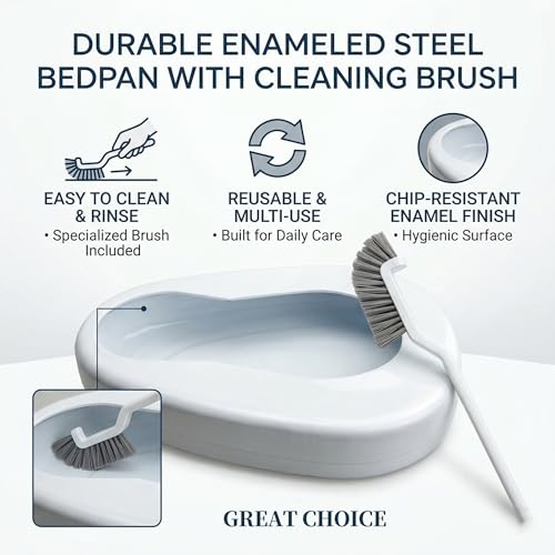 Metal Bed Pan for Women and Men, Sturdy Smooth Surface Bedpan with Brush, Strong Sturdy Enamel Bed Pans for Elderly Men, Portable Unbreakable Steel Bedpans