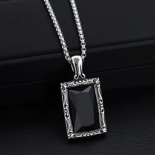 YWMAN Gothic Black Onyx Square Necklace, Rectangle Black Stone Pendant Necklace with Ornate Silver Frame, Goth Jewelry Gift for Men Women4
