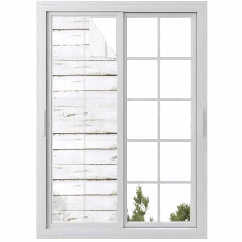 White Wood Grain Window Privacy Film, Window Clings Non-Adhesive Door