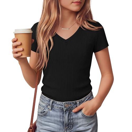 LessonZoo Girls Shirts Short Sleeve V Neck Ribbed Slim Fit Kids Tops Comfy Cute Summer Teen Girl Basic Tees(Black 5-6 Years)
