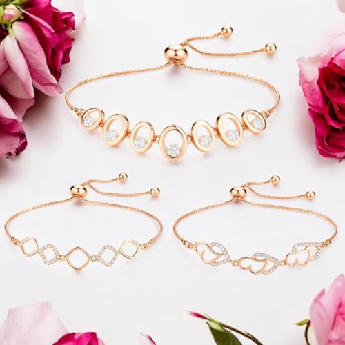 Image of Nilu's Collection Rose Gold Plated American Diamond Crystal Contemporary Bracelet Jewellery with Adjustable Pull-Chain Bracelet for Women & Girls