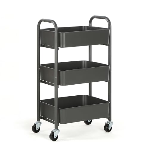 Image of SunnyPoint 3-Tier Delicate Compact Rolling Metal Storage Organizer - Mobile Utility Cart Kitchen /Under Desk Cart with Caster Wheels (Gray, 15.35 inch X 10.24 inch X 26.8 inchH)