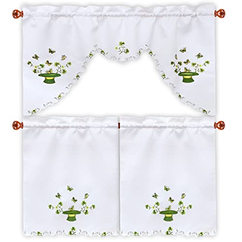 Simhomsen Embroidered Irish Clover Kitchen Window Curtain Swag and Tiers Set for St. Patrick’s Day and Spring (Clover B)