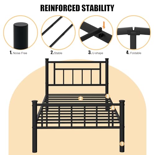 Image of Shintenchi Twin Size Bed Frame with Headboard and Footboard, Metal Mattress Foundation with Under Storage, Steel Slats, No Box Spring Needed, Noise Free, Red Round